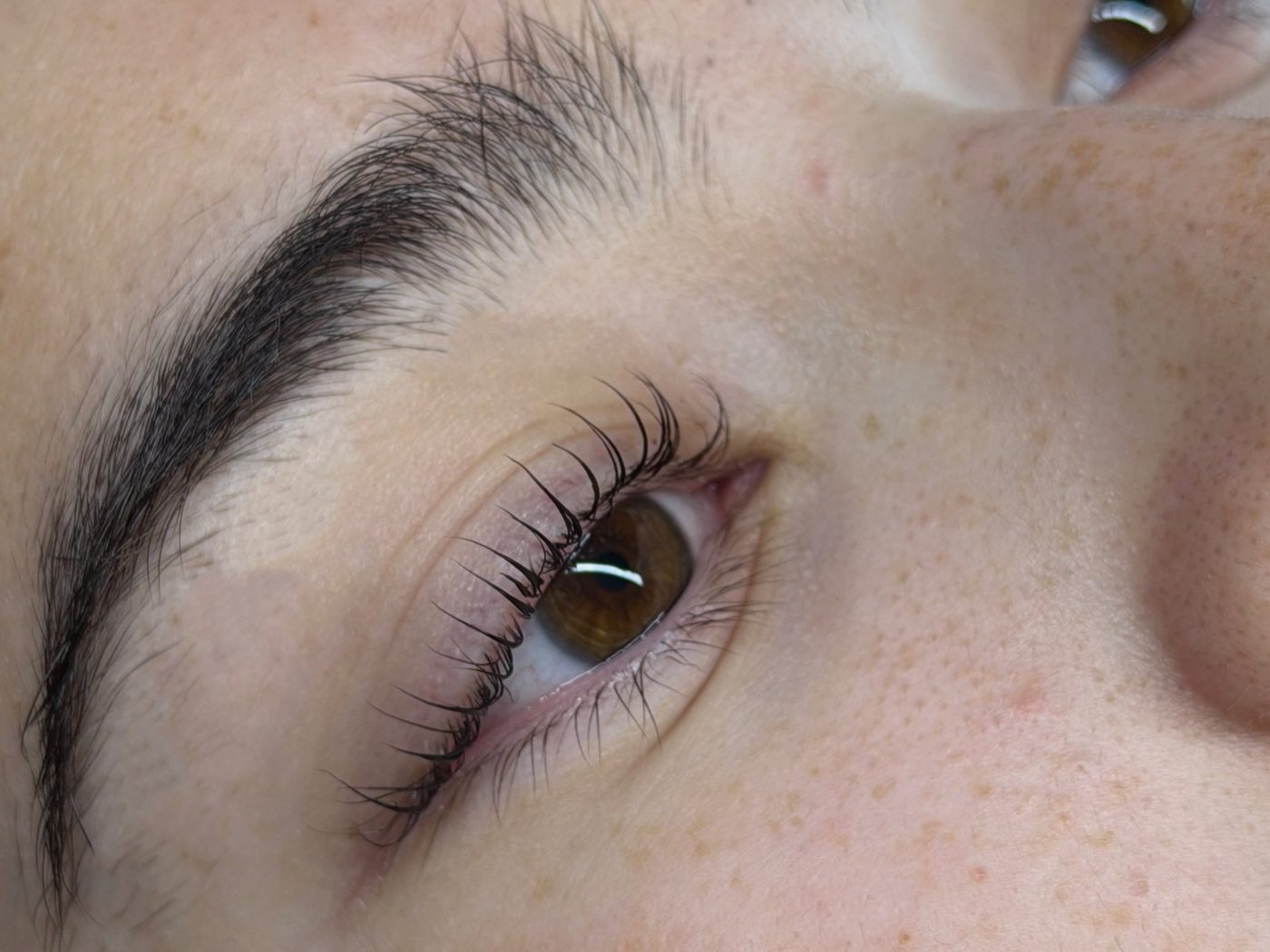 Lifted natural lashes and a full, brushed-up brow, close up